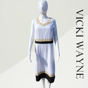 Vicki Wayne | Vintage Linen look Sheath Dress | White Color Block | EUC | 12